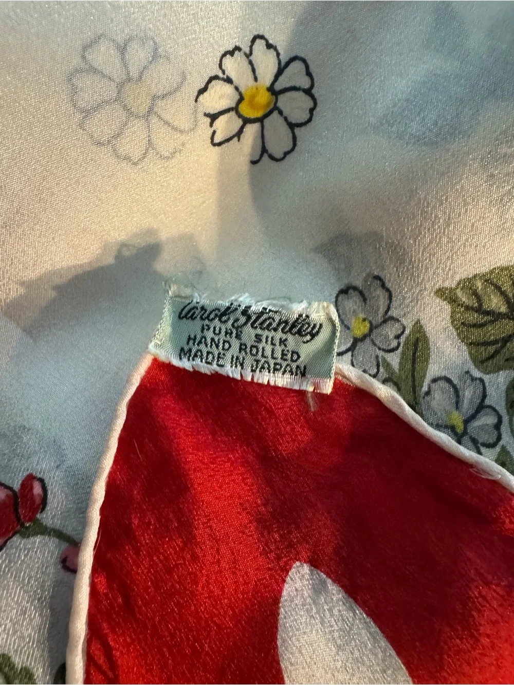 Vintage Carol Stanley Mid Century 100% Silk Floral Red, Yellow & Green Scarf
